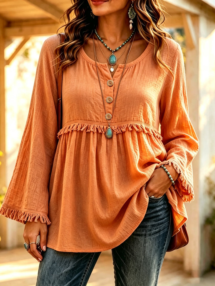 Women's Bohemian Relaxed-Fit Long-Sleeve Tassel Top
