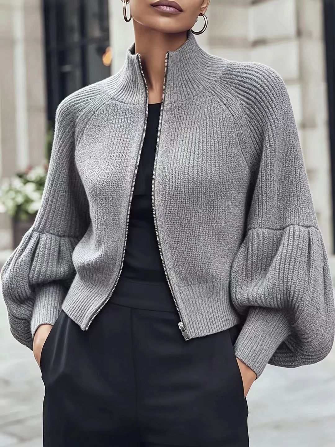 Women's Textured Open-Front Lantern-Sleeve Cardigan