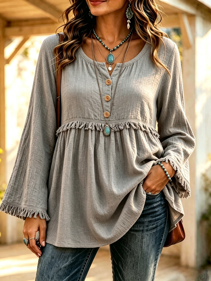 Women's Bohemian Relaxed-Fit Long-Sleeve Tassel Top